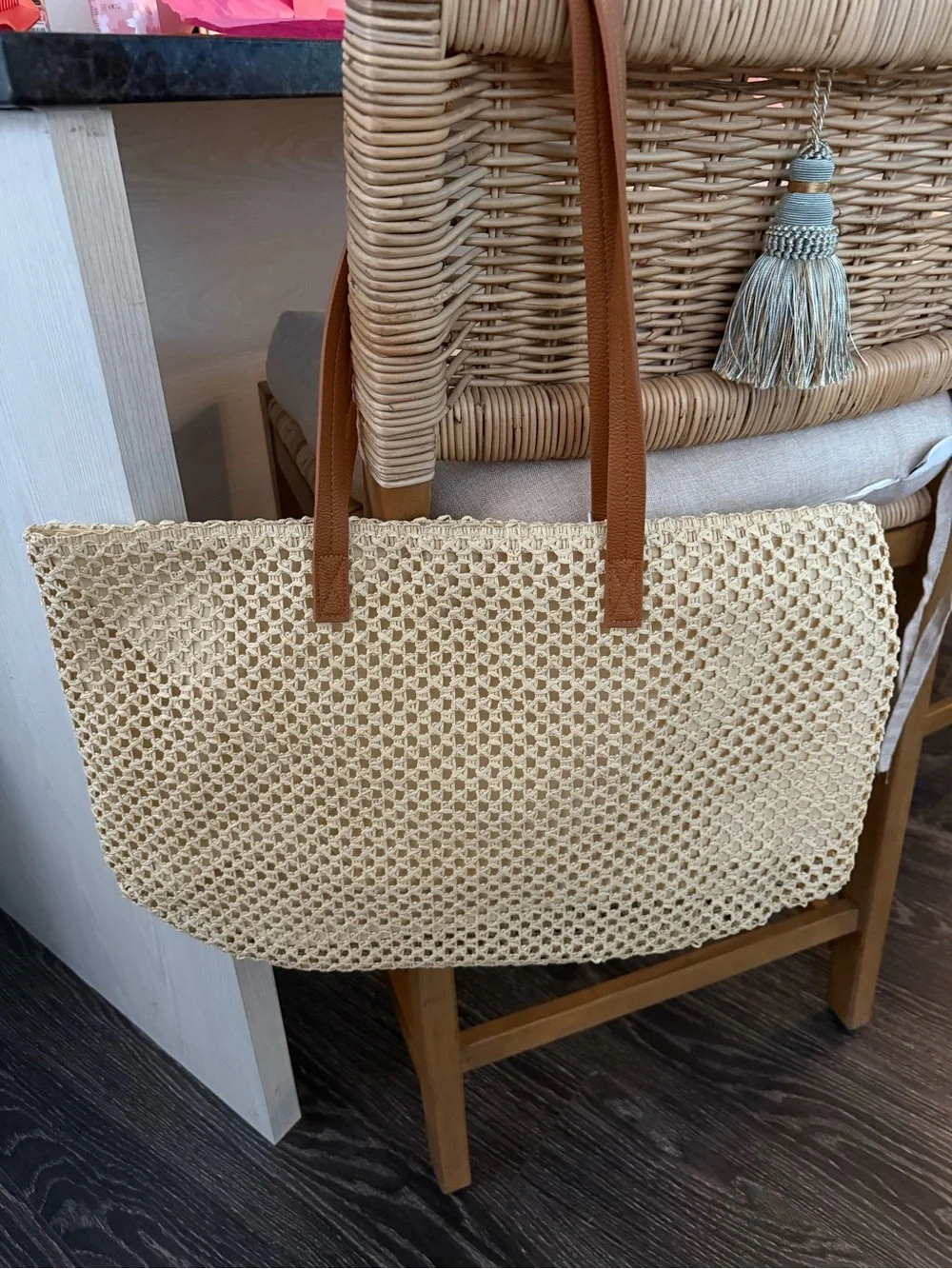 Shiraleah Natural Straw 'BRIDE' Tote with Brown Handles and Blue Accents
